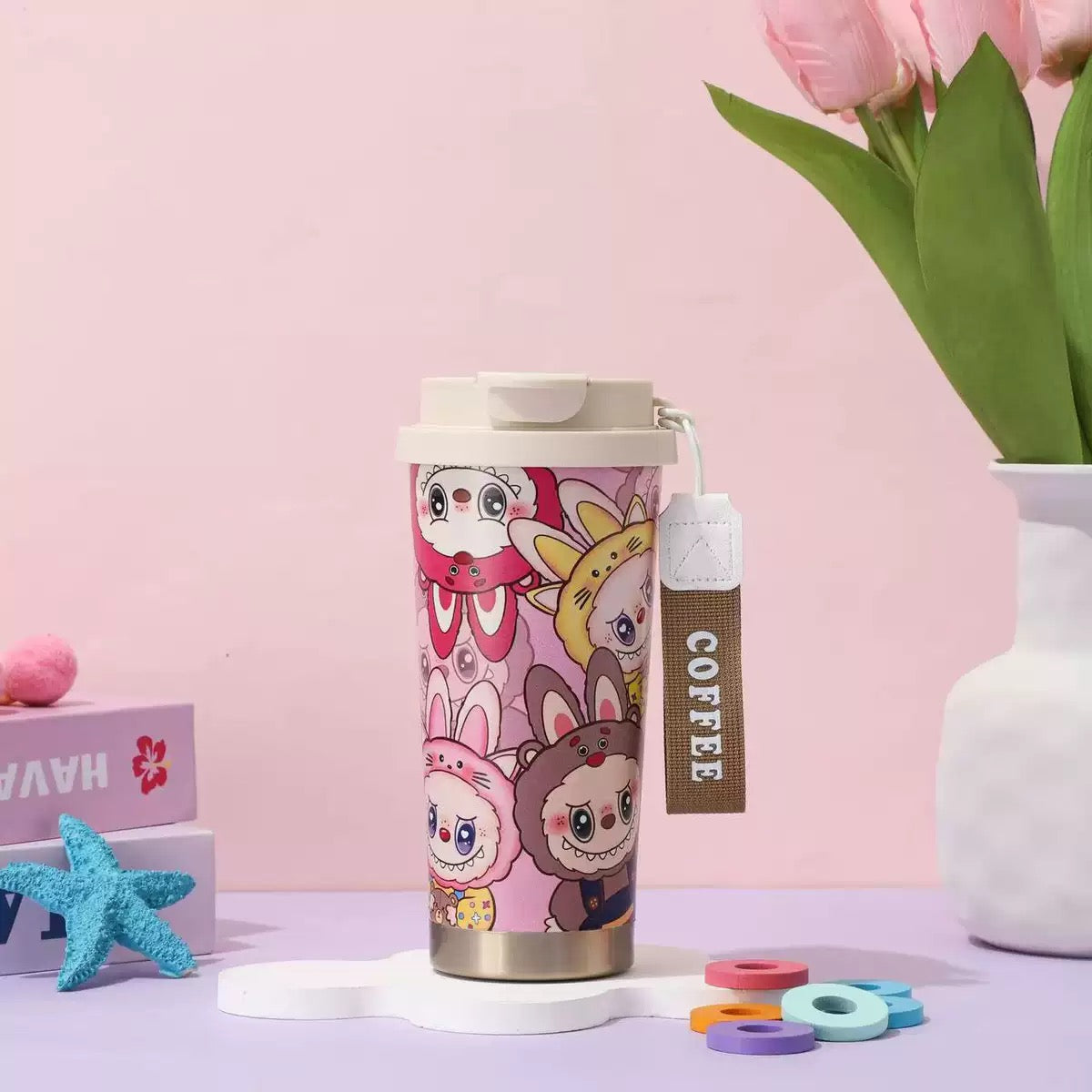 Labubu Travel Mug – 500 ml Insulated Stainless Steel Coffee Tumbler with Wrist Strap